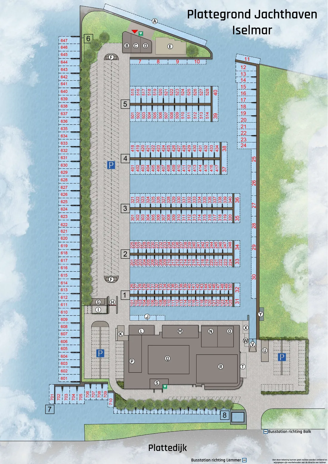 Plattegrond van jachthaven Iselmar met steigers 1 tot en met 8, parkeerplaatsen en gebouwen